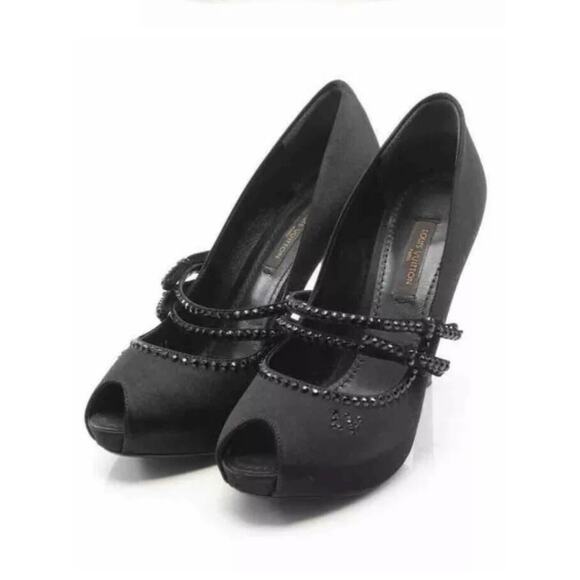 Louis Vuitton Vintage Black Satin Open Toe Crystal Strap Embellished Pumps 37.5 - Picture 1 of 13